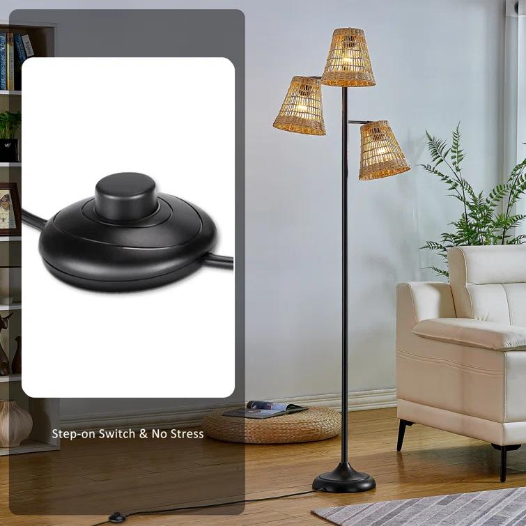 Winston Porter 72.25 in. Black Traditional Foot Switch 3 Light Metal For Living Room Bedroom Reading Standing Up Single Rattan Tree Floor Lamp Corner Tall Lights