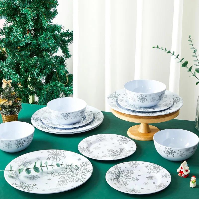 The Holiday Aisle® 12 Pcs Christmas Snowflake Melamine Dinnerware Set Plates And Bowls Set Include  Dinner Plates Plates Soup Bowl,Service For 4 For Christmas Winter Party Supplies