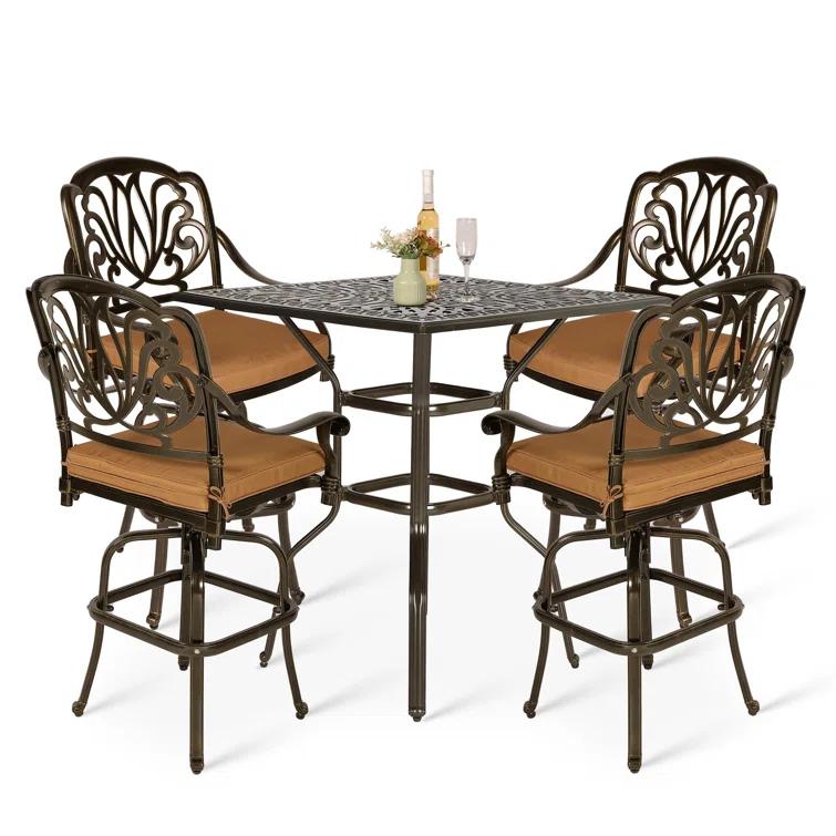 Bloomsbury Market Bloomsbury Market 5-piece Bar Height Patio Dining Set, All Weather Cast Aluminum Outdoor Table And Chairs Set With 4 Swivel Bar Stools, Cushions & 35.38" High Bar Table W/umbrella Hole For Deck, Lawn, Garden