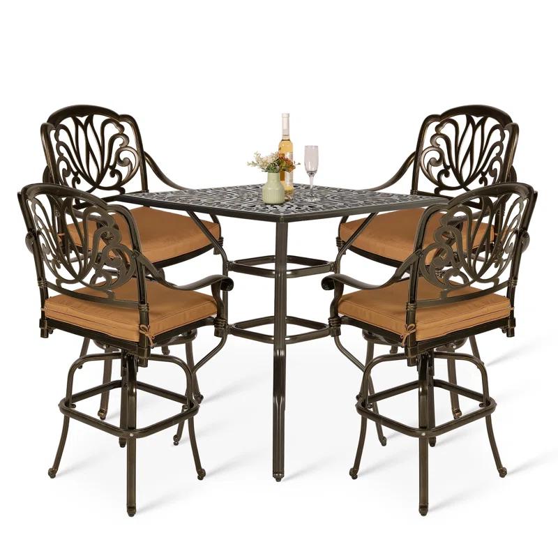 Bloomsbury Market Bloomsbury Market 5-piece Bar Height Patio Dining Set, All Weather Cast Aluminum Outdoor Table And Chairs Set With 4 Swivel Bar Stools, Cushions & 35.38" High Bar Table W/umbrella Hole For Deck, Lawn, Garden