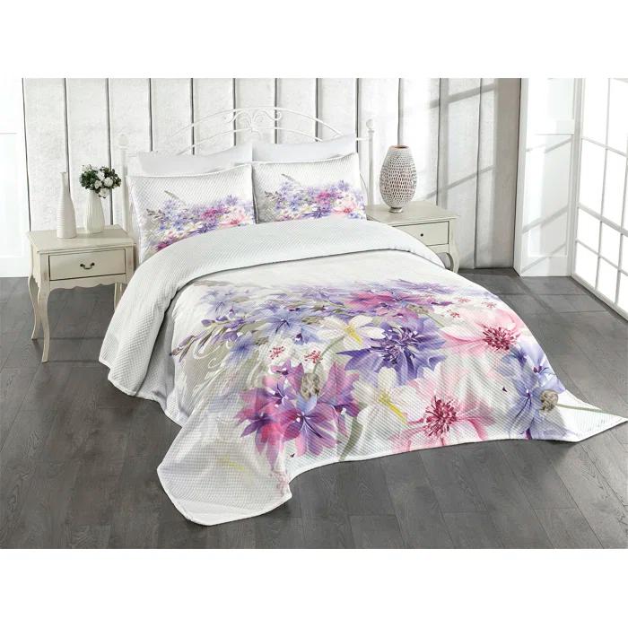 Ambesonne Ambesonne Lavender Bedspread Set Pink Purple Flowers Violet White Pink