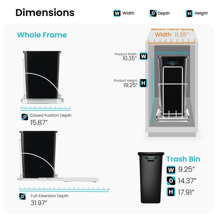 Home Zone Living Home Zone Living 7.6 Gallon Under Cabinet Open Pull Out Trash Can, Adjustable Slide Out Waste Bin
