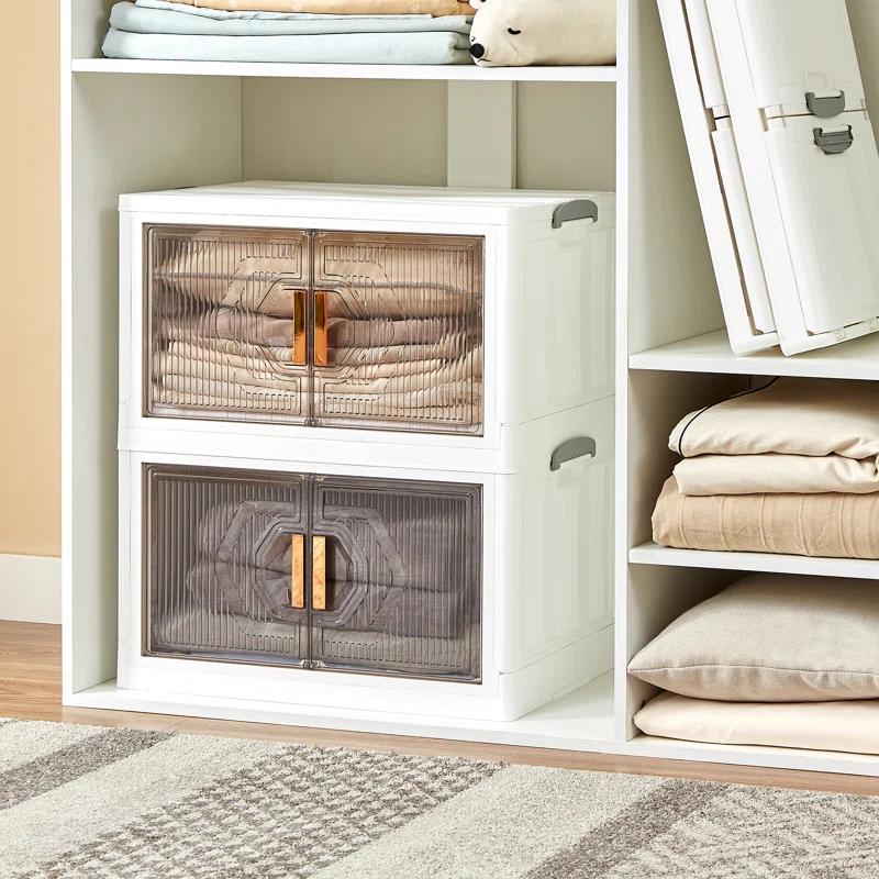 Rebrilliant Canas 3 Pack Stackable Storage Bins Folding Organizer Boxes Collapsible Closet With Doors Wheels Lids