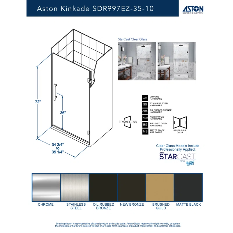 Aston Kinkade 34.75" - 35.25" x 72" Hinged Frameless Shower Door with StarCast by EnduroShield SDR997EZ-NBR-35-10