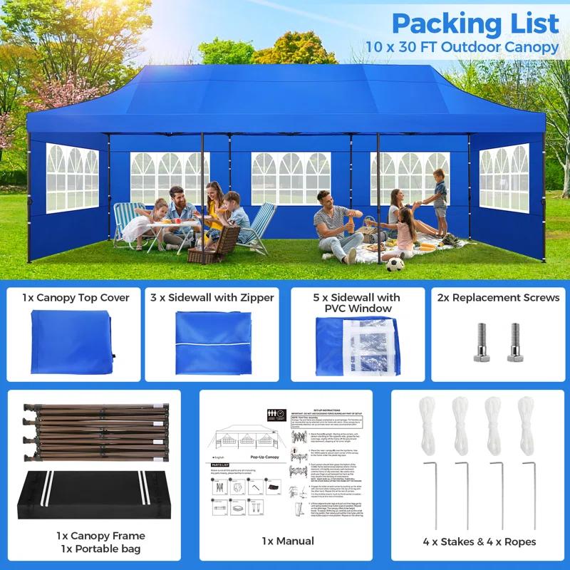 30 ft. W x 10 ft. D Real Heavy Duty Pop Up Canopy Outdoor Wedding Party Tent with 8 Sidewalls