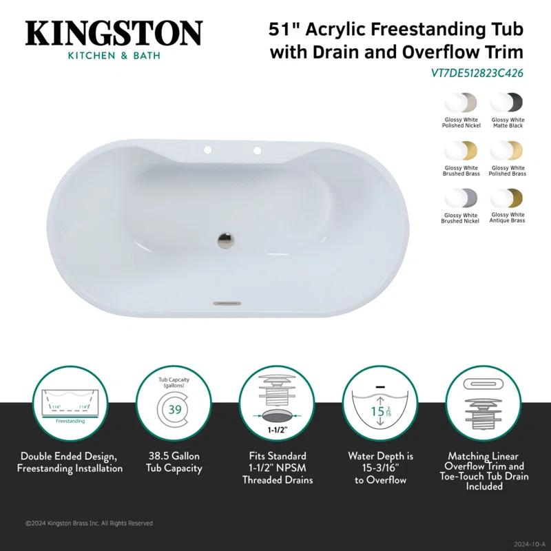Kingston Brass VT7DE512823C422 Kingston Brass Aqua Eden 51-Inch Acrylic Oval Double Ended Freestanding Tub With Drain