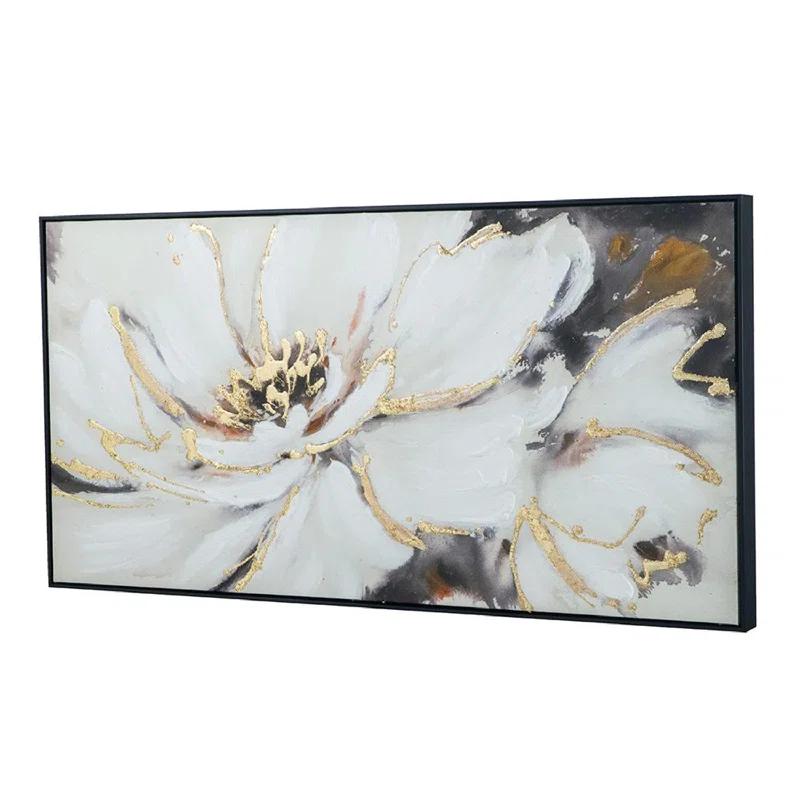 A&B Home Blooming Floral Framed Hand-Painted Wall Art - 24.5"W X 48"H X 2“L - Black Frame - Cream/Gray
