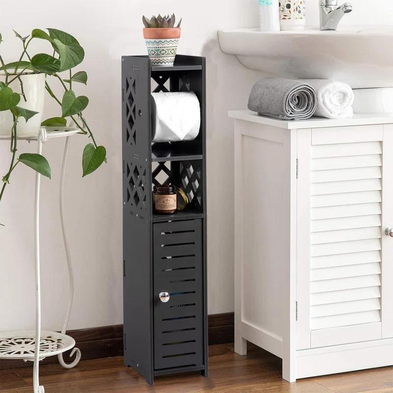 Danhires Toilet Paper Storage Cabinet,Toilet Paper Holder Stand,Bathroom Storage Cabinet With Roller,Slim Storage Cabinet For Small Space,Black