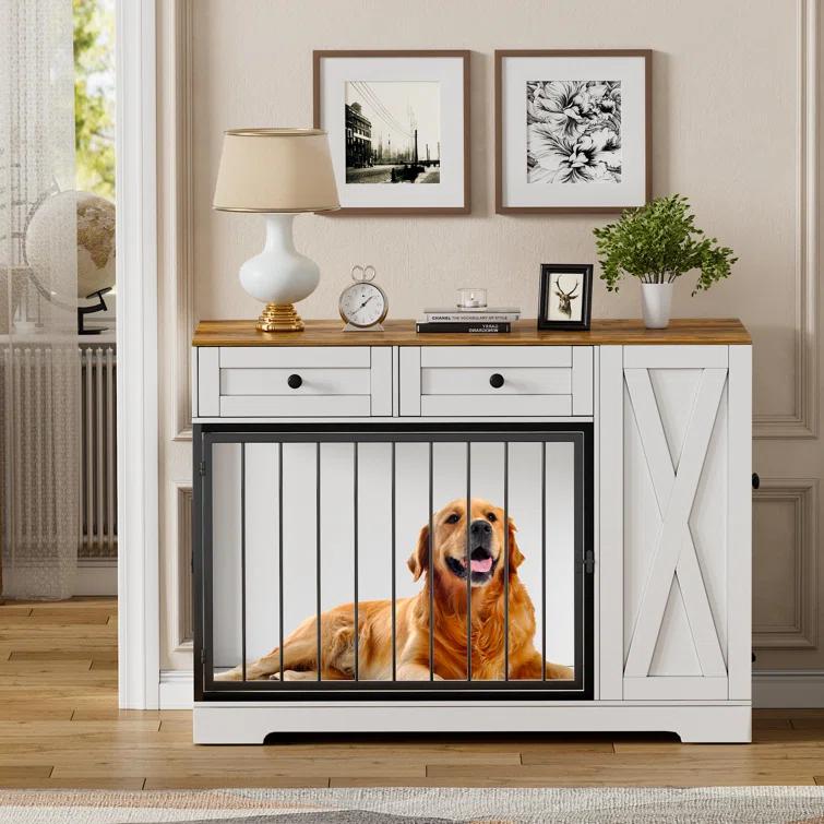 Tucker Murphy Pet™ Gladine Dog Crate Furniture Kennel with Double Doors, Wooden Pet House with 2 Drawers and Pet Feeder Station Storage Cabinet