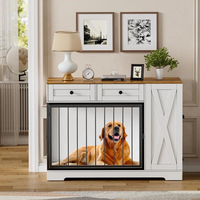 Tucker Murphy Pet™ Gladine Dog Crate Furniture Kennel with Double Doors, Wooden Pet House with 2 Drawers and Pet Feeder Station Storage Cabinet
