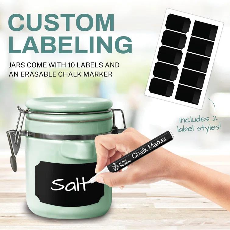 Home Intuition Home Intuition Ceramic Kitchen Canisters Set of 4 with Wooden Spoons Reusable Chalk Labels, Coffee, Tea (Turquoise)