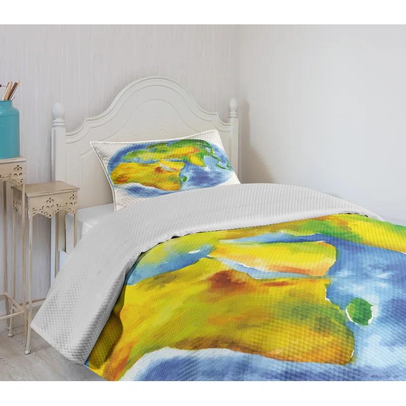 Ambesonne Ambesonne Earth Bedspread Set Globe of Earth Watercolors Pale Blue Green Yellow