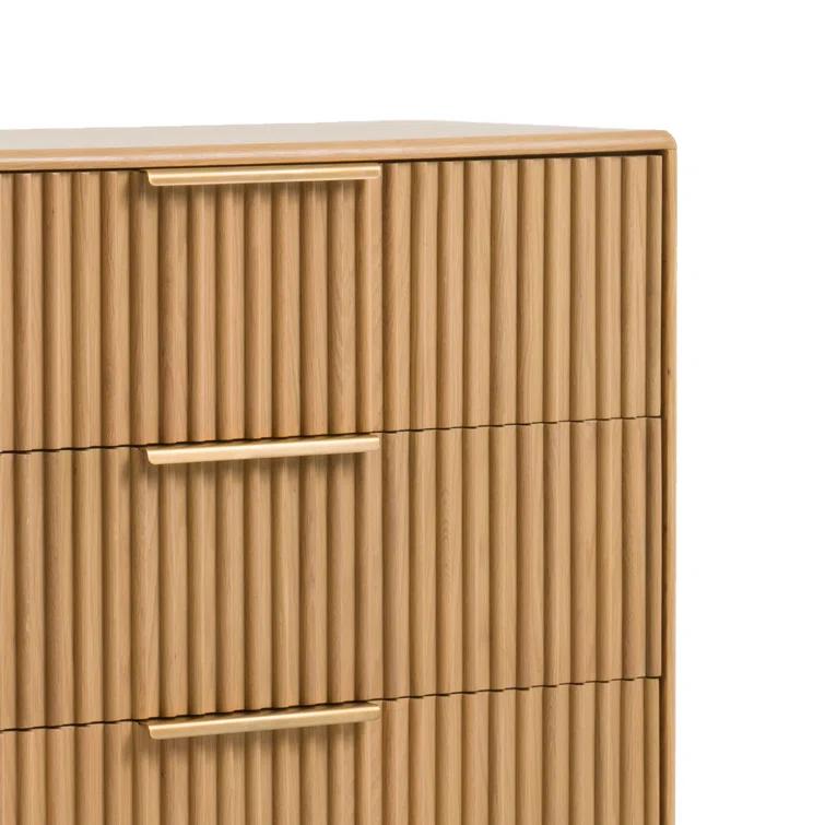 Benjara Cid Joya 45 Inch Tall Chest, 4 Drawers, Golden Metal Handles, Natural Oak