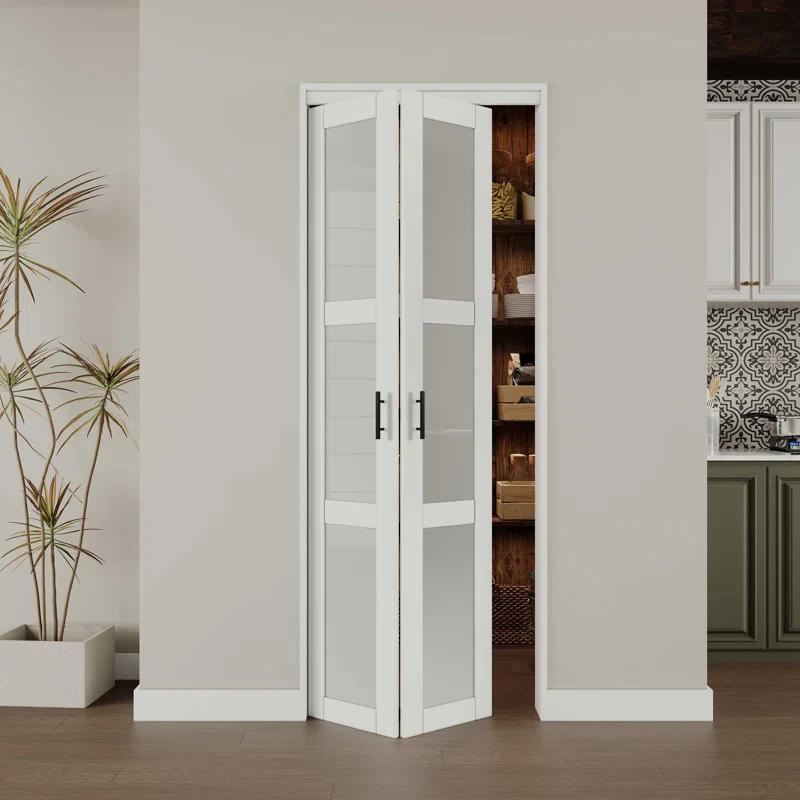 EASELIFE Frosted Glass And Solid Manufactured Wood Bi-Fold Door With Installation Hardware Kit