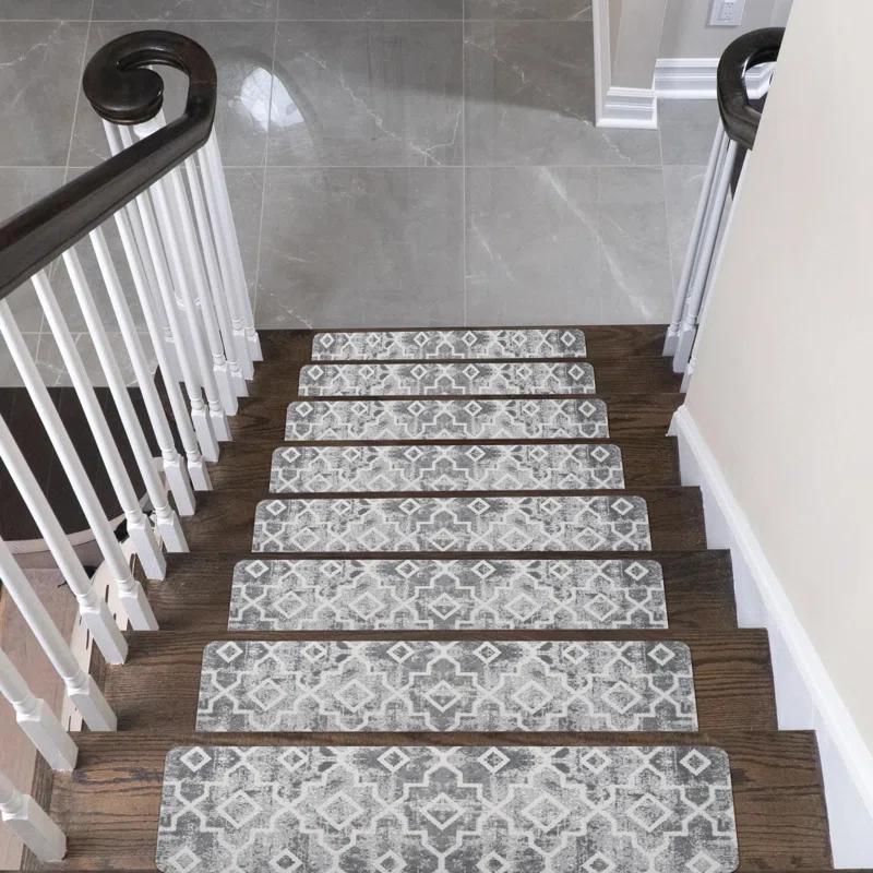 Bungalow Rose Stair Treads Non Slip For Wooden Steps, 15PCS 8"X30" Grey Rubber Backing Stair Runner Mats, Washable Reusable Carpet For Stairs Rugs Indoor Safety Staircase Step Treads For Kids Elders Dogs