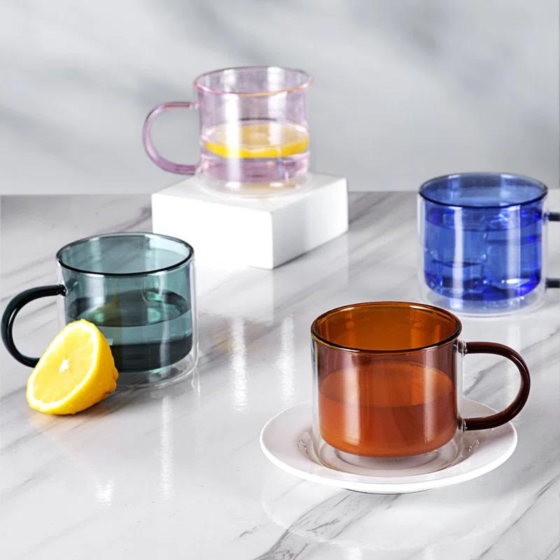 bacimi Bacimi Double Wall Insulated Coffee Mugs (set Of 4 / 9oz) - Clear Borosilicate Mug With Handle - Thermal Drinking Cups For Espresso, Cappuccino, Latte, Tea (Set of 4)