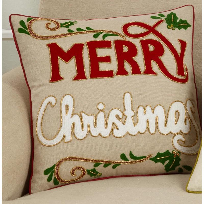 Saro Merry Christmas Design Cotton Throw Pillow