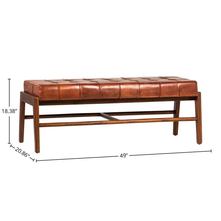 Dennis 49" Wide Teak and Full Grain Leather Bench, Brown