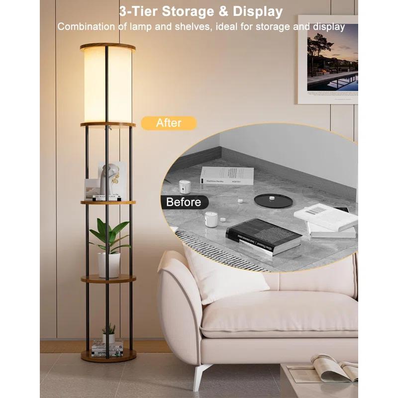 17 Stories Lightdot 61IN 3-Tier Shelf Floor Lamp With E26 Bulb Included, Black Standing Lamp For Living Room, Bedroom, Sofa Corner - Sturdy Wood Design With Fabric Lampshade