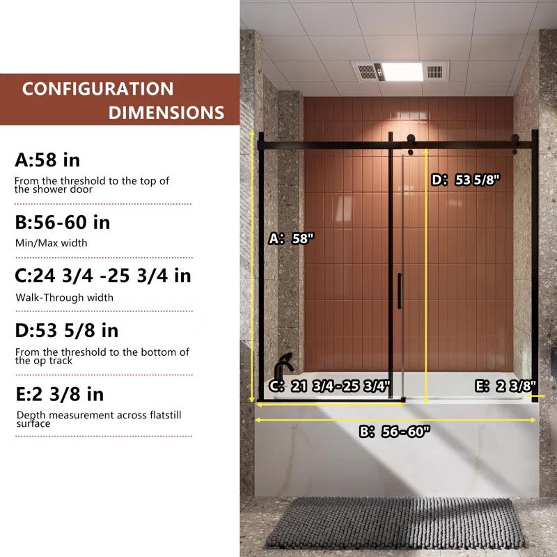LONNI-STYLE 56 - 60 in. W x 58 in. H Frameless Sliding Bathtub Door  with Clear SGCC Tempered Glass LONY6058S04CMB
