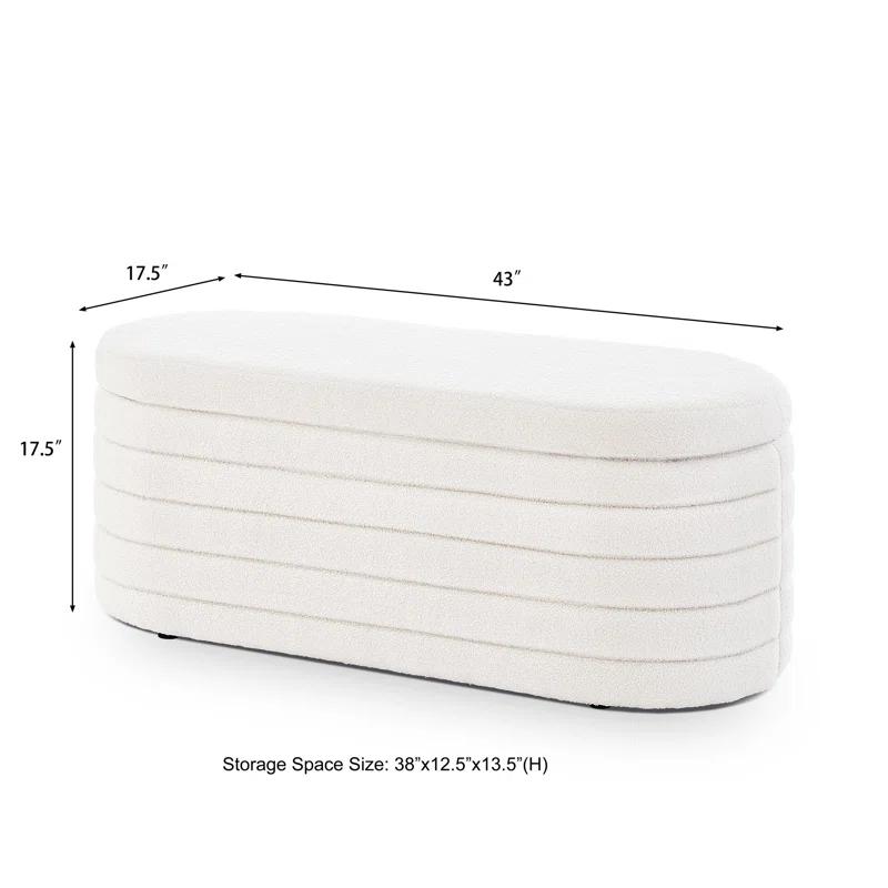 Modern Oval Storage Ottoman Bench, Upholstered Boucle Teddy Fabric End Of Bed Bench With Storage, End Of Bed Stool With Safety Hinge For Bedroom, Living Room, Entryway
