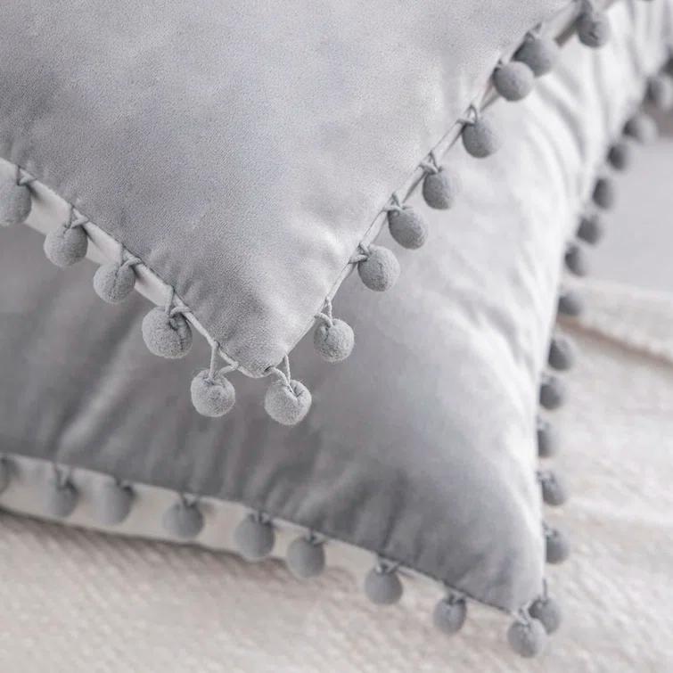 Phantoscope Velvet Pompom Collection Silky Velvet Series Pom Pom Decorative Throw Pillow(Set of 2) (Set of 2)