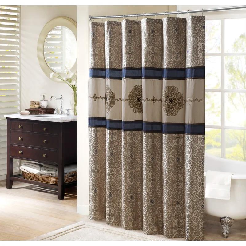 Donovan Navy and Beige Embroidered Fabric Shower Curtain