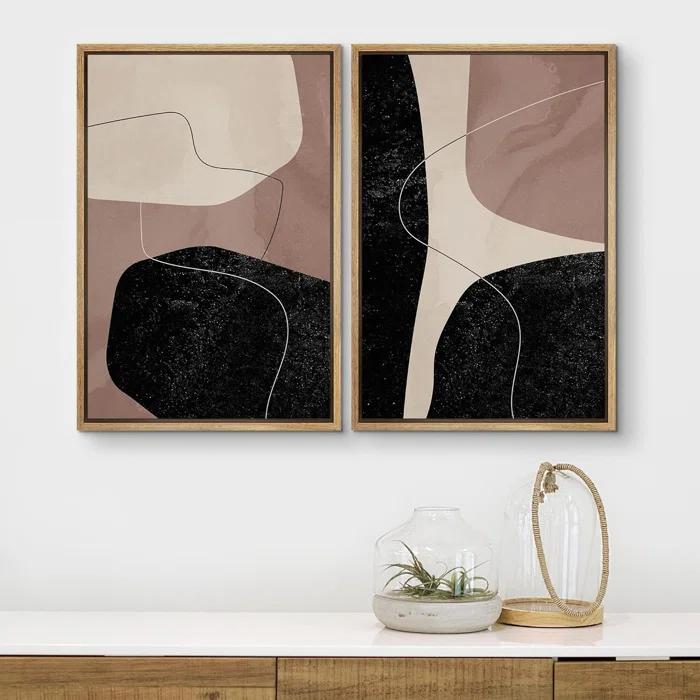 IDEA4WALL Mid Century Shape "Brown And Black Abstract Neutral Line Chic Framed Canvas Print 2 Pieces Wall Art
