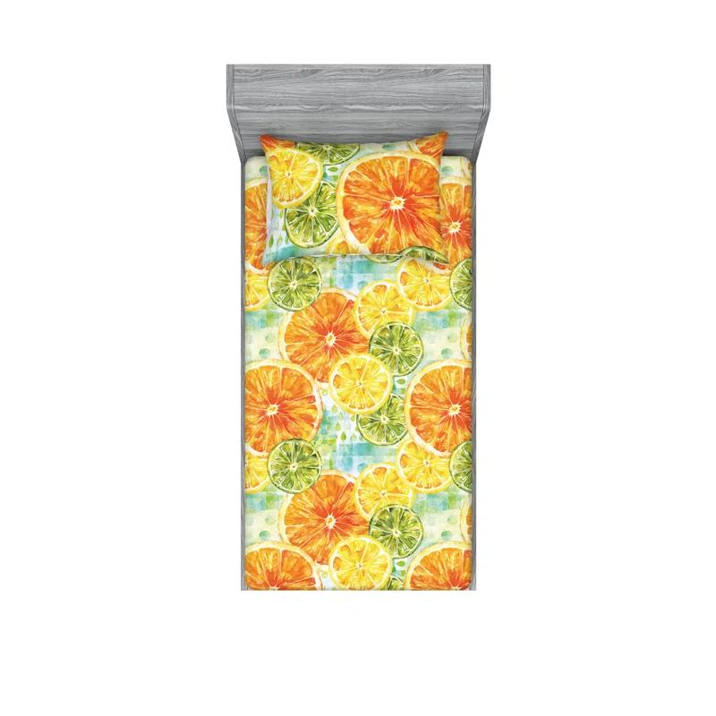 Ambesonne Ambesonne Fitted Sheet & Shams 3 Pcs Summer Slices of Lime Print Yellow Marigold and Green