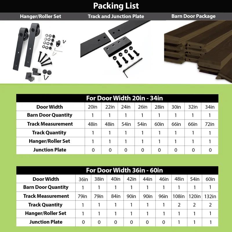 Homacer H Design Color Solid Pine Wood Unassembled Door with Black Rustic Installation Hardware Kit