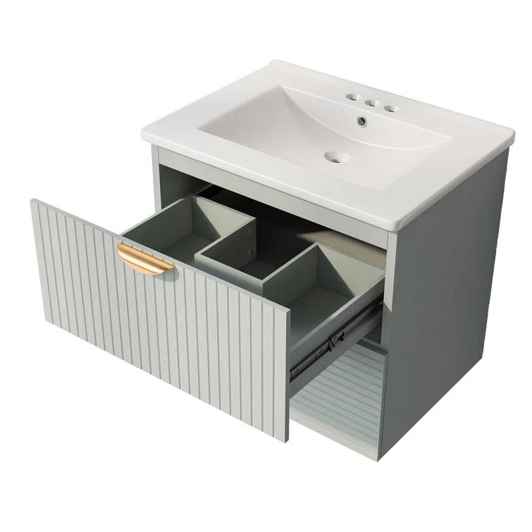 Tryimagine Modern 24-Inch Wall-Mounted Bathroom Vanity With 2 Drawers, Green - Ideal For Small Bathrooms