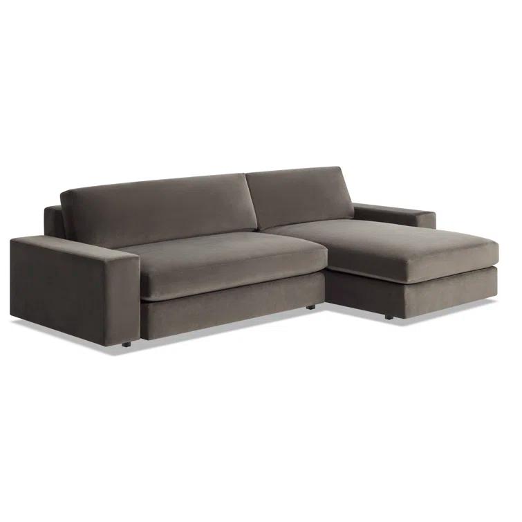 Kelso Blue Velvet L-Shaped Sofa with Removable Cushions and Wood Accents