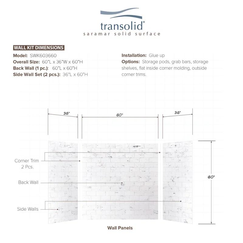 Transolid SaraMar 60'' W 36'' D 60'' H Glue Up Solid Surface Wall