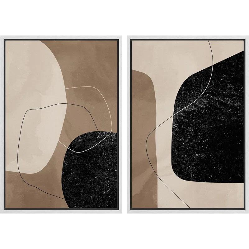 Mid Century Shape "Brown And Black Abstract Neutral Line Chic Framed Canvas Print 2 Pieces Wall Art