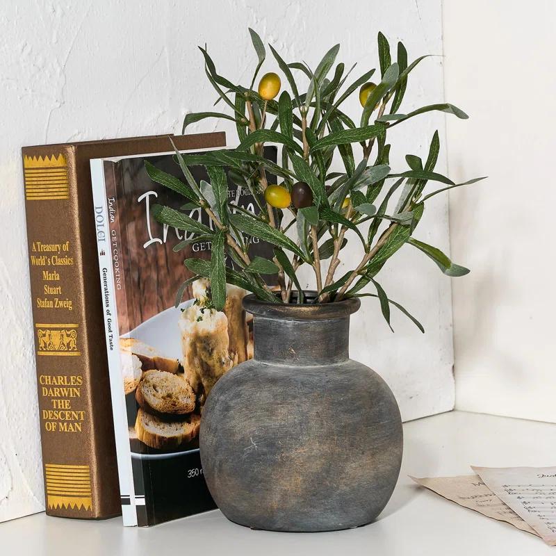 Bungalow Rose Ceramic Rustic Farmhouse Vase | 6 Inch Pottery Decorative Flower | Boho | Terracotta Vase For Home Decor Table, Living Room, Bathroom Decoration, Shelf Decor, Mantel, Bronze