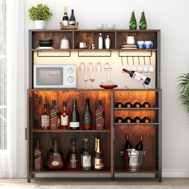 17 Stories Hoffarth 47.24'' Wine Bar Cabinet with LED Lights, Liquor Cabinet Coffee Bar Cabinet with 3 Storage Compartments & Wine Rack & Glass Holder