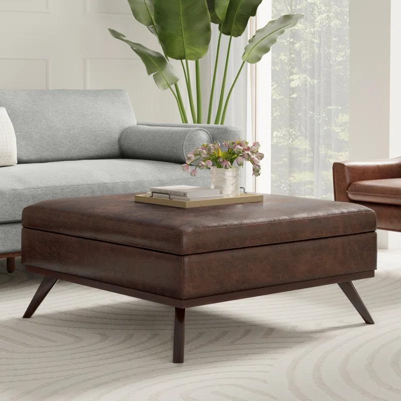 Simpli Home Owen 40"W XL Upholstered Square Coffee Table Storage Ottoman with Lift Top and Solid Wood Legs