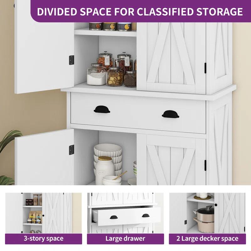 Gracie Oaks Sneyd 72" H Wood Farmhouse Kitchen Pantry Cabinet with Adjustable Shelves & Drawer
