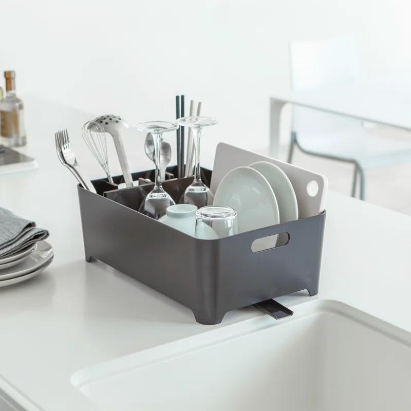 Yamazaki Home Tower Yamazaki Home Dish Drying Rack with Drainage Spout, 1.25 gallon, Utensil Holder, Handles