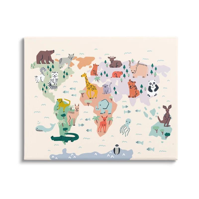 Stupell Industries " Educational World Map Native Animals Wildlife Chart " by Dominika Godette