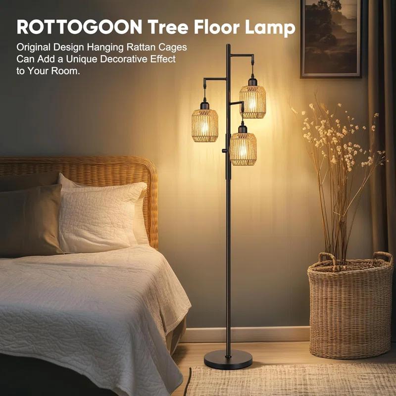 Breakwater Bay Dimmable Boho Floor Lamp - 3 Light Farmhouse Rattan Floor Lamp For Living Room, Industrial Tree Floor Lamps With 3 X 6W LED Bulbs, Rustic Standing Tall Lamp For Bedroom, 68", Black + Gray