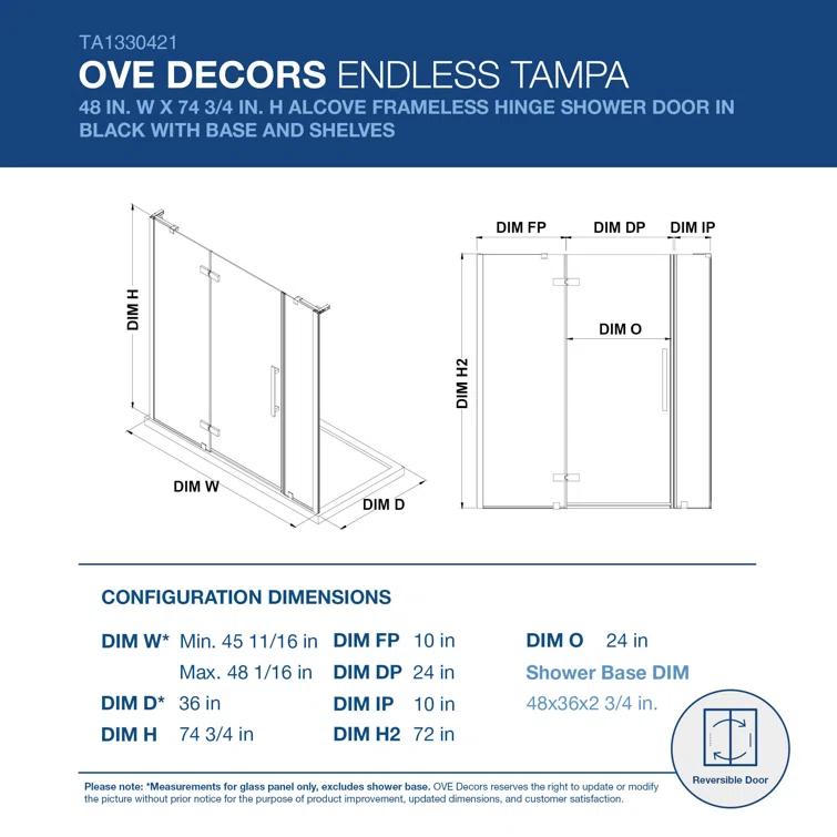 Ove Decors Endless Tampa 47" W x 72" H Alcove Frameless Shower Kit, Door, 2 Panel, Base, Shelves TA1330421