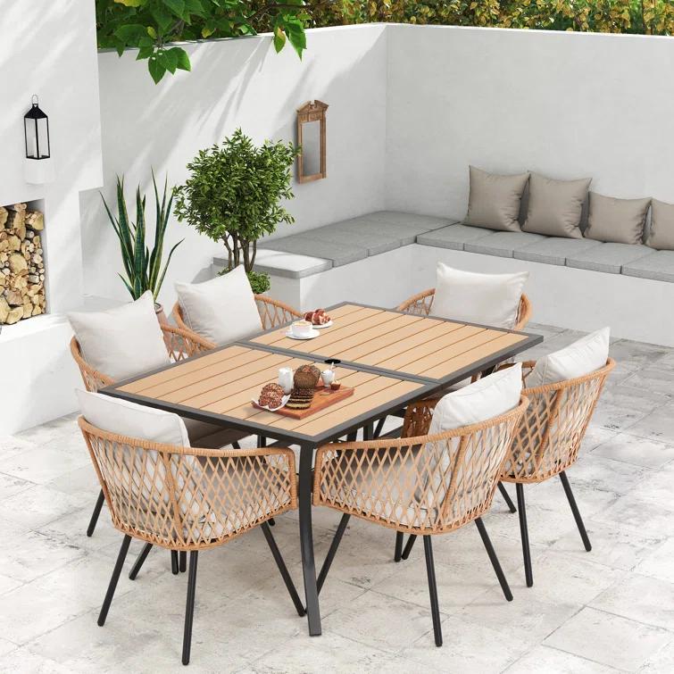 EROMMY 7 Piece Outdoor Dining Table Set, Patio Table And Chairs Set With 6 Rattan Chairs, Rectangular Table With Umbrella Hole, All-weather Patio Furniture For Backyard, Lawn, Garden
