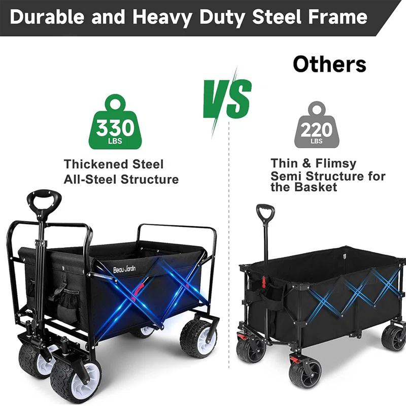 BEAU JARDIN Folding Beach Wagon Cart with Big Wheels, 330 Pound Fordable Capacity Utility Camping Outdoor
