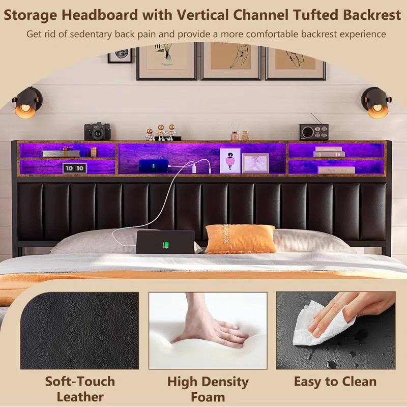 Kanchi Upholstered Metal Platform LED Bed Frame with 4 Storage Drawers and Bookcase Headboard, Black