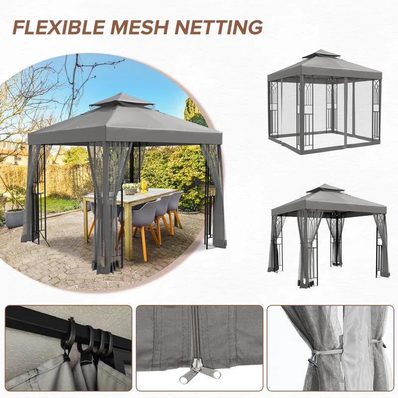 COOS BAY 8 Ft. W x 8 Ft. D Steel Frame Vented Soft Top Patio Gazebo with Mesh Netting, Corner Shelves