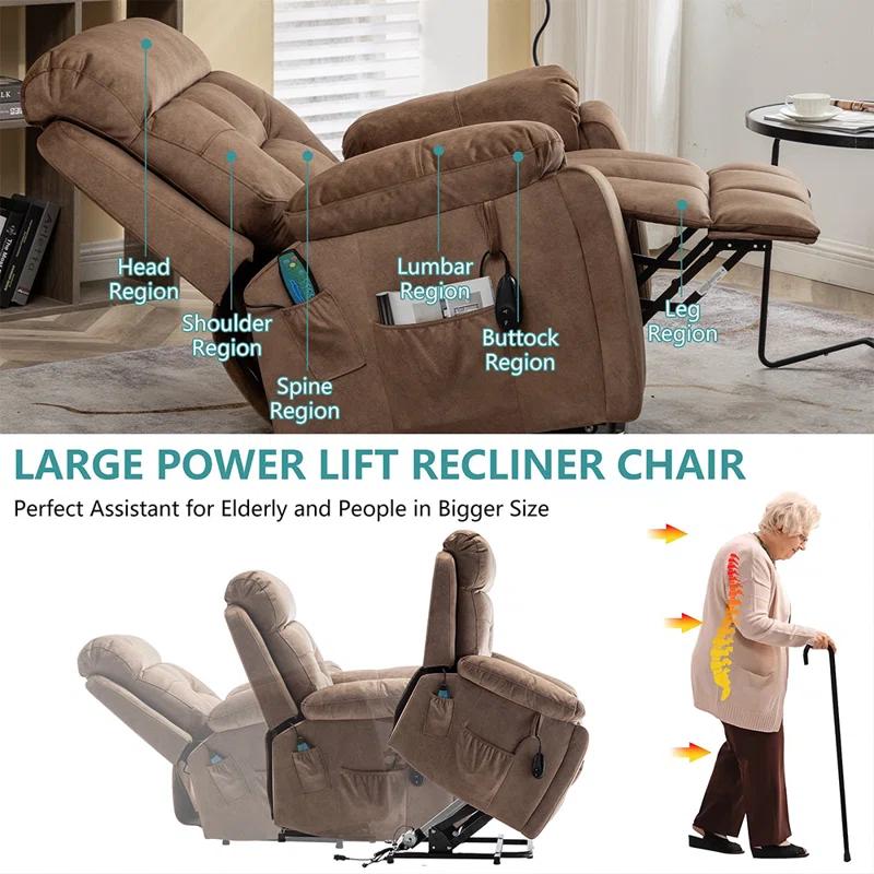 Latitude Run® Large Electric Massage Recliner With Heat, Velvet Lift Recliner Chair For Elderly Oversize with Hidden Cup Holder