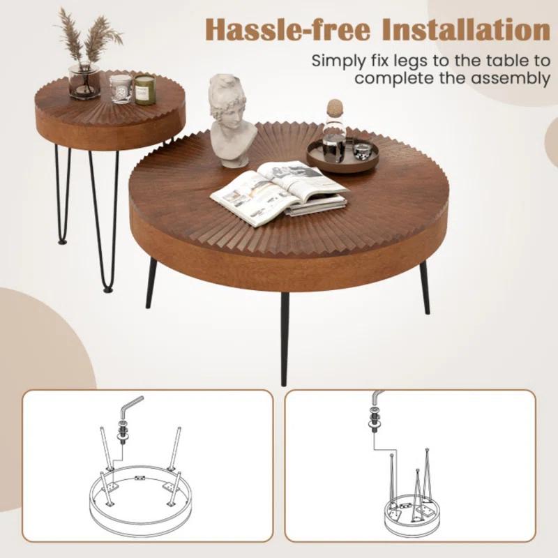 Millwood Pines Set of 2 Boho Round Coffee Table with Solid Pine Wood Top and Metal Legs