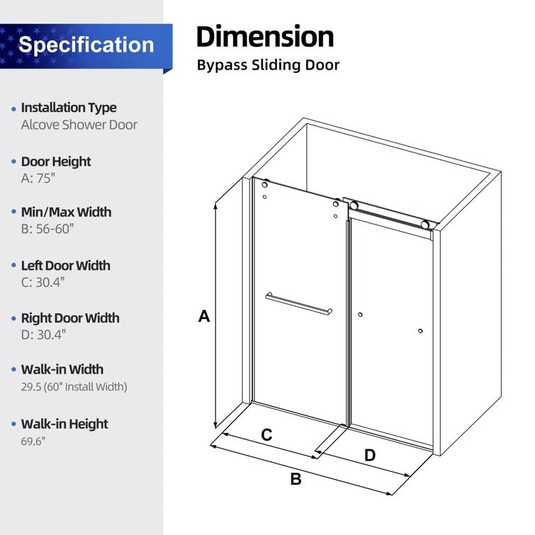LAWRENCE 56-60"W X 75"H Frameless Double Sliding Shower Door, 304 Stainless Steel In Matte Black, 5/16" (8Mm) Thick SGCC Tempered Clear Glass. | Wayfair