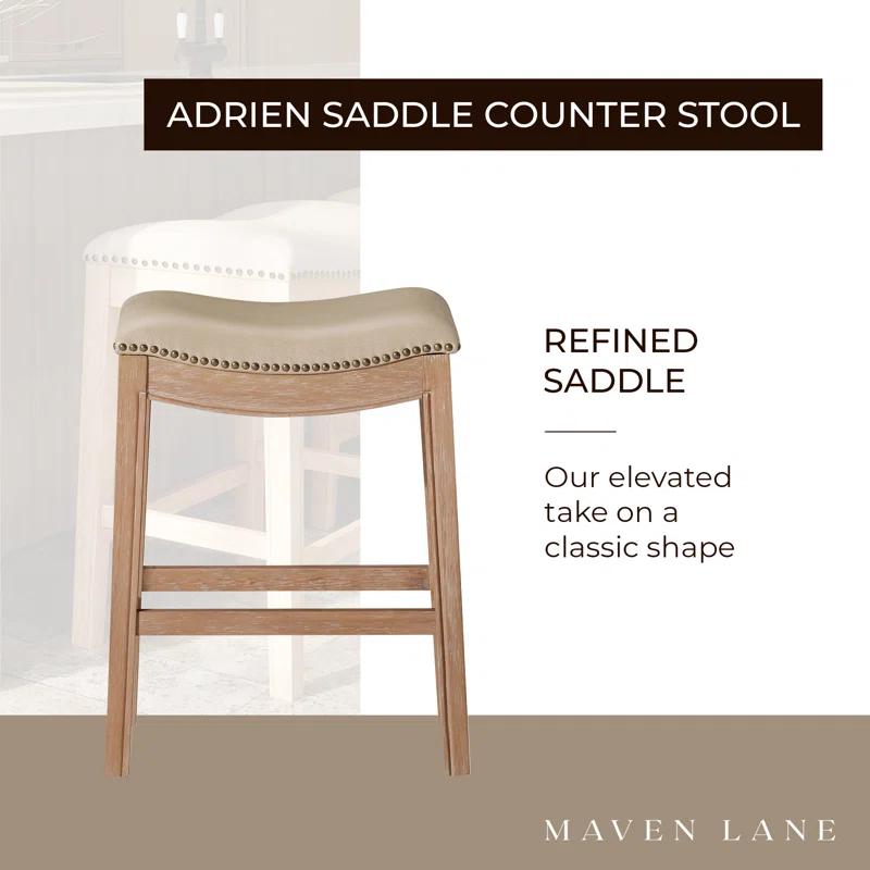 Maven Lane Adrien Saddle Kitchen Counter Stool in Weathered Oak w/ Avanti Bone Vegan Leather